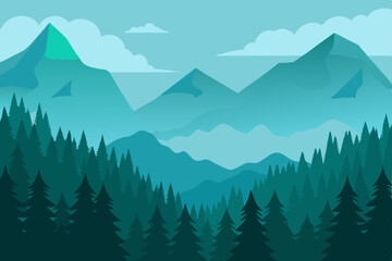 Fototapeta premium Eerie Foggy Forest Leading to Mountain Ridge 4K Wallpaper Vector Illustration Background