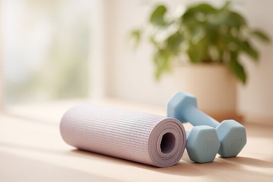 minimalistic composition featuring workout equipment neatly arranged in well-lit home gym setup