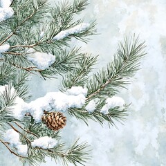 Snow-covered pine branches against a light blue backdrop.