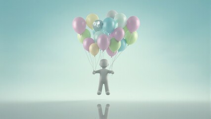 Innovative concept image of a person with thought balloons floating into a serene sky perfect for creativity and mindfulness themes