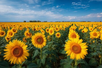 Fototapeta premium Endless Field of Yellow Sunflowers Blooming Under a Blue Sky with Wispy Clouds on a Sunny Day, Cultivated Land