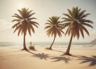 Sun-drenched palm trees lean over pristine, vintage-toned sand ,  white,  sunset