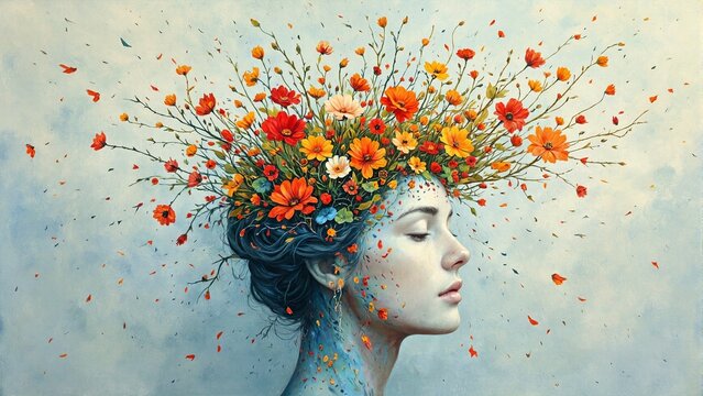Surreal image of a head exploding into vibrant flowers and thorns symbolizing the contrast between pain and beauty in emotional growth