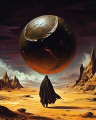 Mysterious Figure carrying a giant sphere in a desolate desert landscape