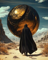 A solitary figure in a dark robe approaching a massive, glowing orb. The scene evokes mystery and contemplation