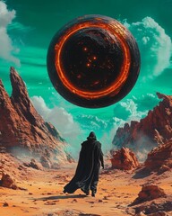 A solitary figure in a hooded cloak stands before a giant glowing orb suspended in the sky, evoking a sense of mystery and wonder. The scene is set against a desert landscape.