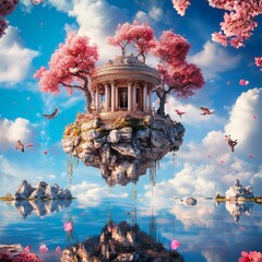 A dreamy island with cherry blossoms in sky. A floating island with a classical style pavilion surrounded by cherry blossom trees, birds and reflected on the lake