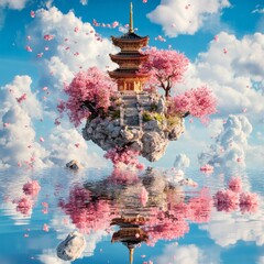A tranquil scene of a traditional pagoda resting on a floating island, surrounded by blooming cherry blossoms and fluffy clouds, with a reflection in the water