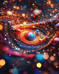 A Colorful depiction of a galaxy in space, filled with sparkling light and planets, illustrating a vibrant celestial scene.