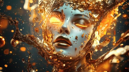 A digital artwork featuring a woman's face with gold particles swirling around her