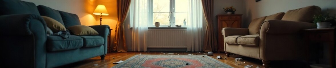 A tense domestic scene depicted through blurred motion and implied shouting, focusing on disarrayed furniture and scattered objects suggesting a recent conflict ,  shouting match,  emotional,  upset