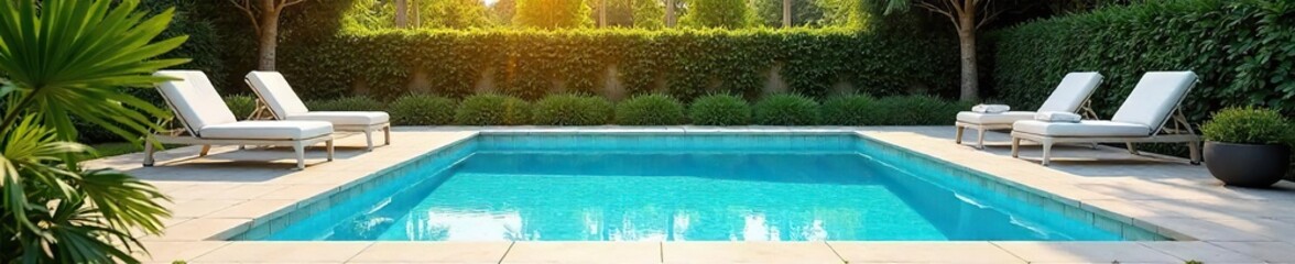 Inviting blue swimming pool shimmering under the summer sun, surrounded by lush green foliage and pristine patio furniture  Perfect for relaxation and summer fun ,  garden,  calm,  blue