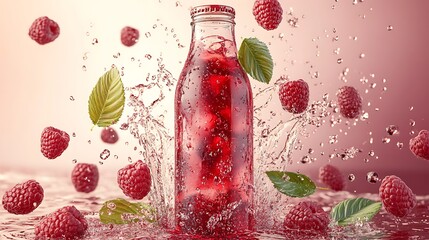 A refreshing raspberry drink in a glass bottle with splashing water.