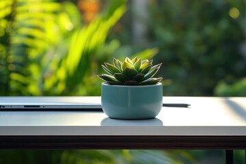A small succulent plant in a teal pot sits on a white table, a laptop in the background, bathed in soft sunlight.