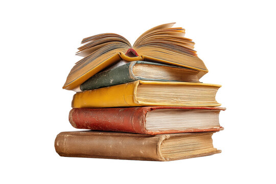 PNG Stack of colorful vintage books with open book on top