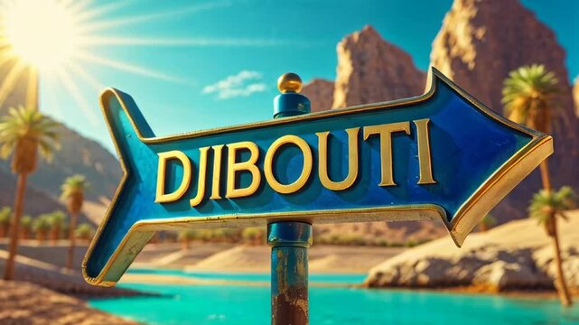 on the pole there is a direction arrow with the inscription       Djibouti against the background of a picturesque summer landscape