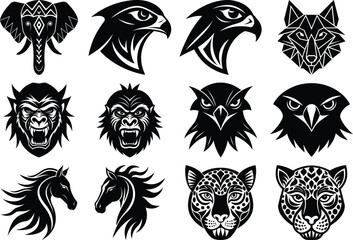 Vector Animal Face Silhouette Bundle – Lion, Snake, Shark, Eagle Fish Mask Set