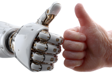 Hightech robotic hand and human hand giving thumbs up gesture futuristic technology concept