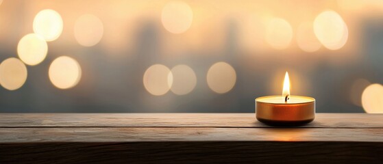 A single candle on a wooden table.