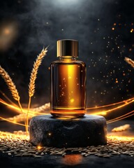 A mysterious and intriguing image of a glass bottle emitting smoke, set on a stone