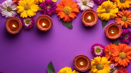 Colorful flowers and diyas arranged on a purple background.