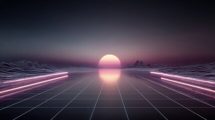 Retro futuristic landscape with neon lights and grid floor evokes 80s nostalgia