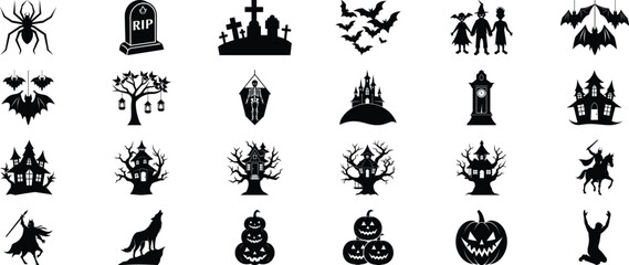 Halloween Vector Silhouette Bundle – Spooky Ghosts, Pumpkins, Witches, and Skull Set