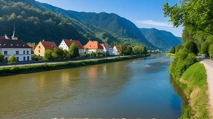 Fototapeta premium boulevards on the Dunajec River in Nowy Targ, Poland