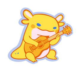 Cute axolotl playing guitar. Vector isolated sticker. Kawaii style