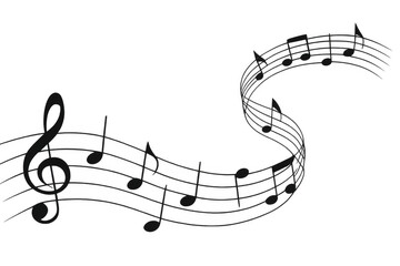 Musical score featuring curving notes and treble clef floating against transparent backdrop