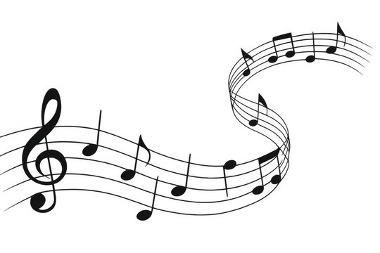 Musical score featuring curving notes and treble clef floating against transparent backdrop