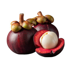 A close up shot of mangosteen fruits with one cut open on a black background in studio lighting