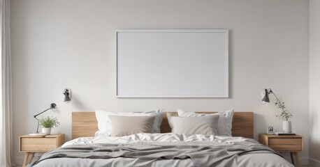 Clean white frame mockup on bedroom wall, soft window light ,  graphic, mockup,  photography
