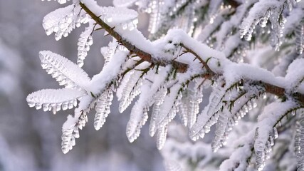 Frozen pine branch with ice and snow in a winter forest landscape with droplets, icicles and textured needles, crystalline structures, close up view. - Powered by Adobe