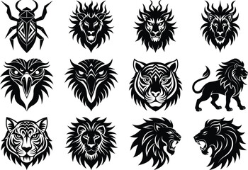 Tribal Animal Face Vector Silhouette Bundle – Lion, Wolf, Shark, and Fish Mask Design Set.