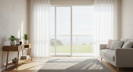 Fototapeta premium Bright and airy living room with large windows, soft curtains, and modern decor showcasing a cozy atmosphere