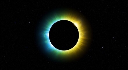 Naklejka premium Stunning cosmic scene featuring a solar eclipse with vibrant blue and yellow aura, surrounded by a starry night sky