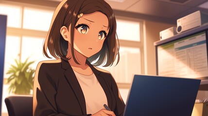 オフィスで仕事をするアニメ調の日本人美少女
