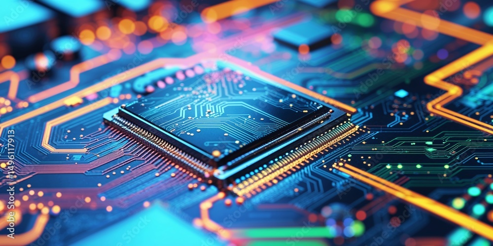 Poster close-up view of a computer processor on a vibrant circuit board highlighting intricate designs and 