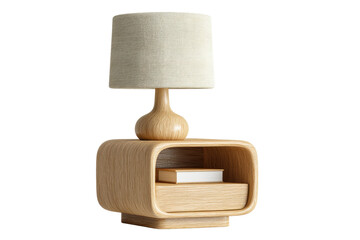 PNG Elegant wooden nightstand with built-in bookshelf and modern lamp