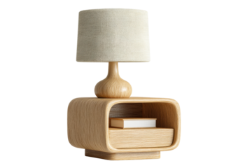 PNG Elegant wooden nightstand with built-in bookshelf and modern lamp