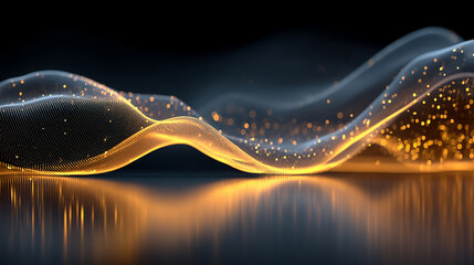Golden glowing light waves form an electric tunnel with radiant neon lines on a dark background. Futuristic light speed effect with motion blur, ideal for sci-fi, technology, and energy visuals.