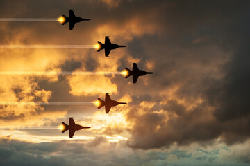 Air Force Day. Aircraft silhouettes on background of sunset.