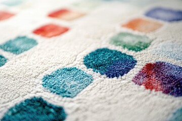 Fototapeta premium Close-up of a textured rug with colorful hexagonal patterns in teal, purple, red, and orange on a white background.