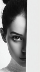 Fototapeta premium Mysterious woman hiding behind white wall looking at camera