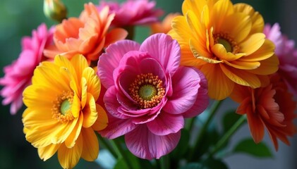 Vibrant, freshly cut flowers arranged in a lush bouquet, glistening with dew , carnations, garden, gift