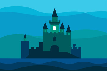 submerged castle in ocean realm UHD vector illustration background
