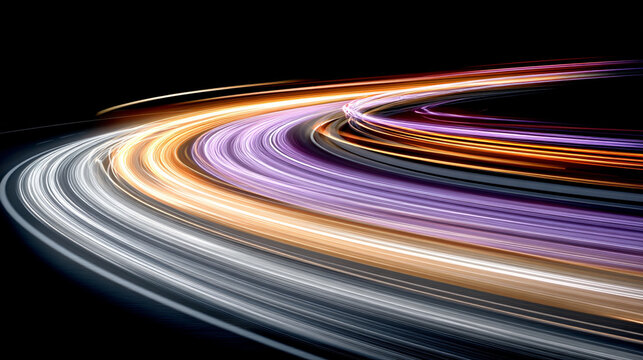 Purple glowing light waves form an electric tunnel with vibrant neon lines on a dark background. Futuristic speed motion and light speed effect, ideal for sci-fi, energy, and technology visuals.