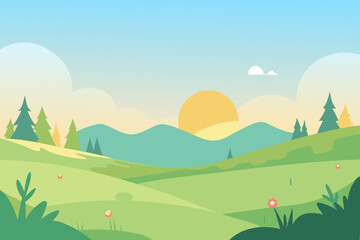 Obraz premium peaceful dream meadow in morning light vector illustration background