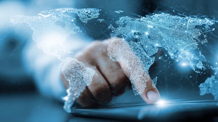Hand touching digital screen over holographic map of the world representing global connectivity, technology, data, and innovation in modern communication